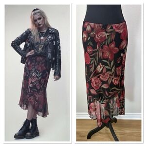 Vtg 90s Y2K Whimsigoth Asymmetrical Fairy Grunge Midi Skirt M Indie Black Flowy